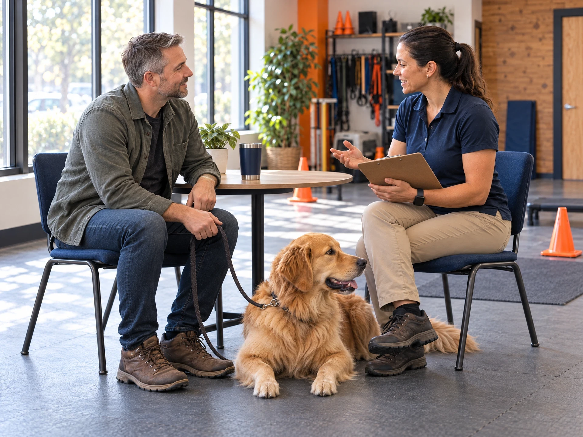 Calm one-to-one assessment conversation between a dog trainer and owner