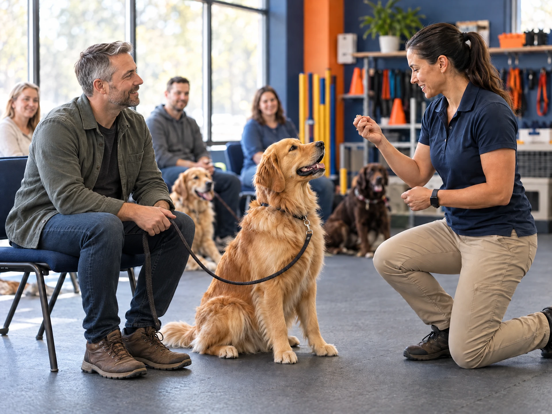 Female dog trainer demonstrating an exercise for a male owner and golden retriever
