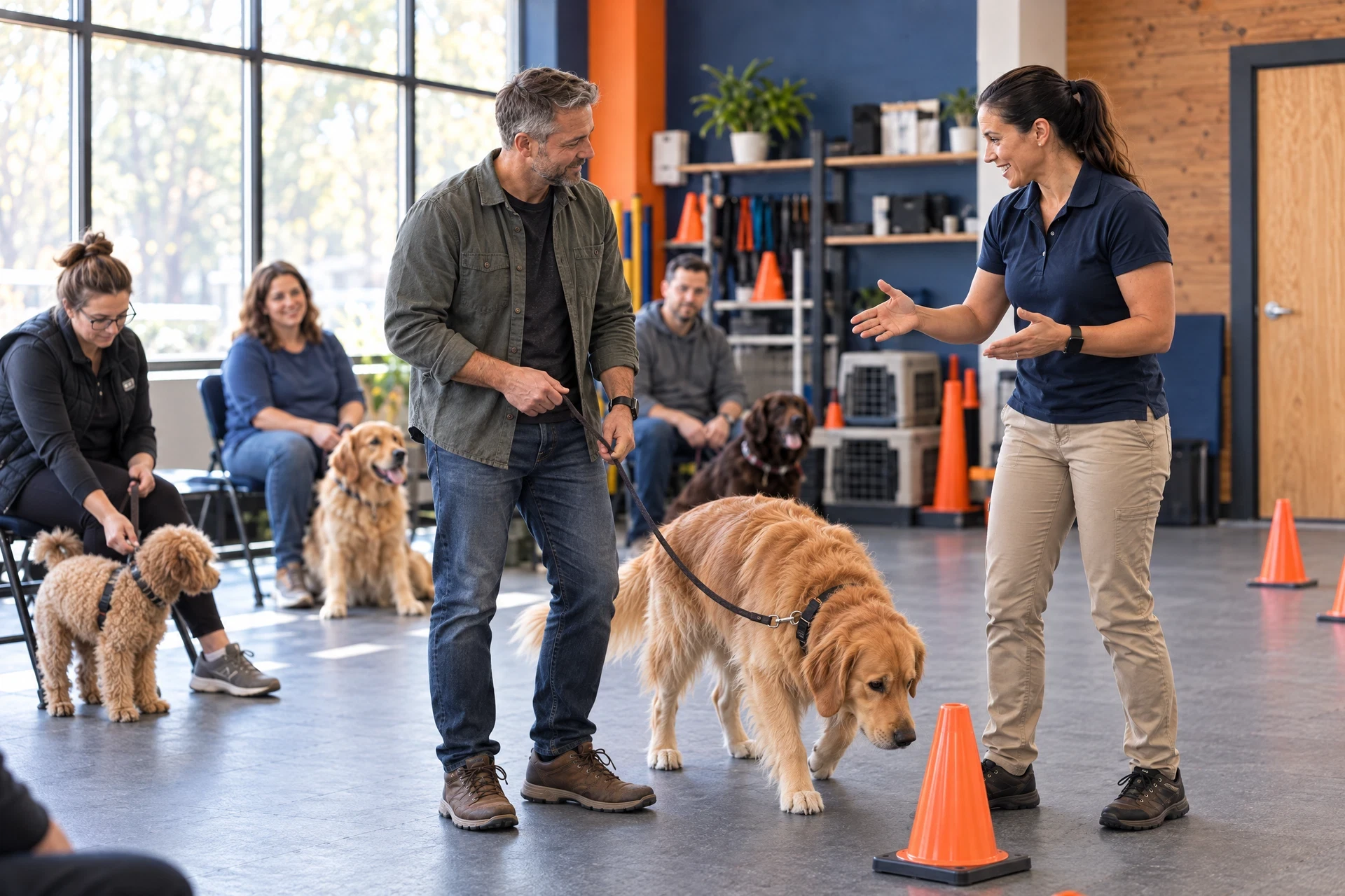 Woman trainer leading a hands-on family dog-training workshop
