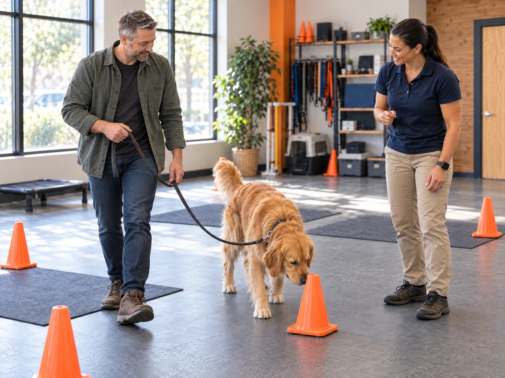 Dog owner participating in a coaching exercise while the trainer observes