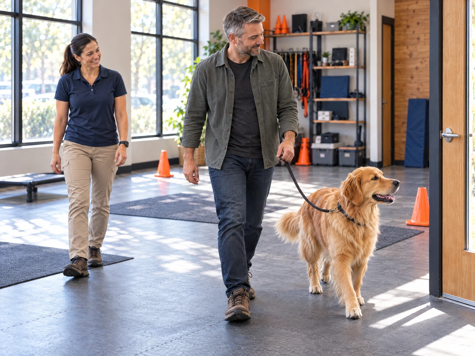 Dog owner confidently applying coaching with a golden retriever