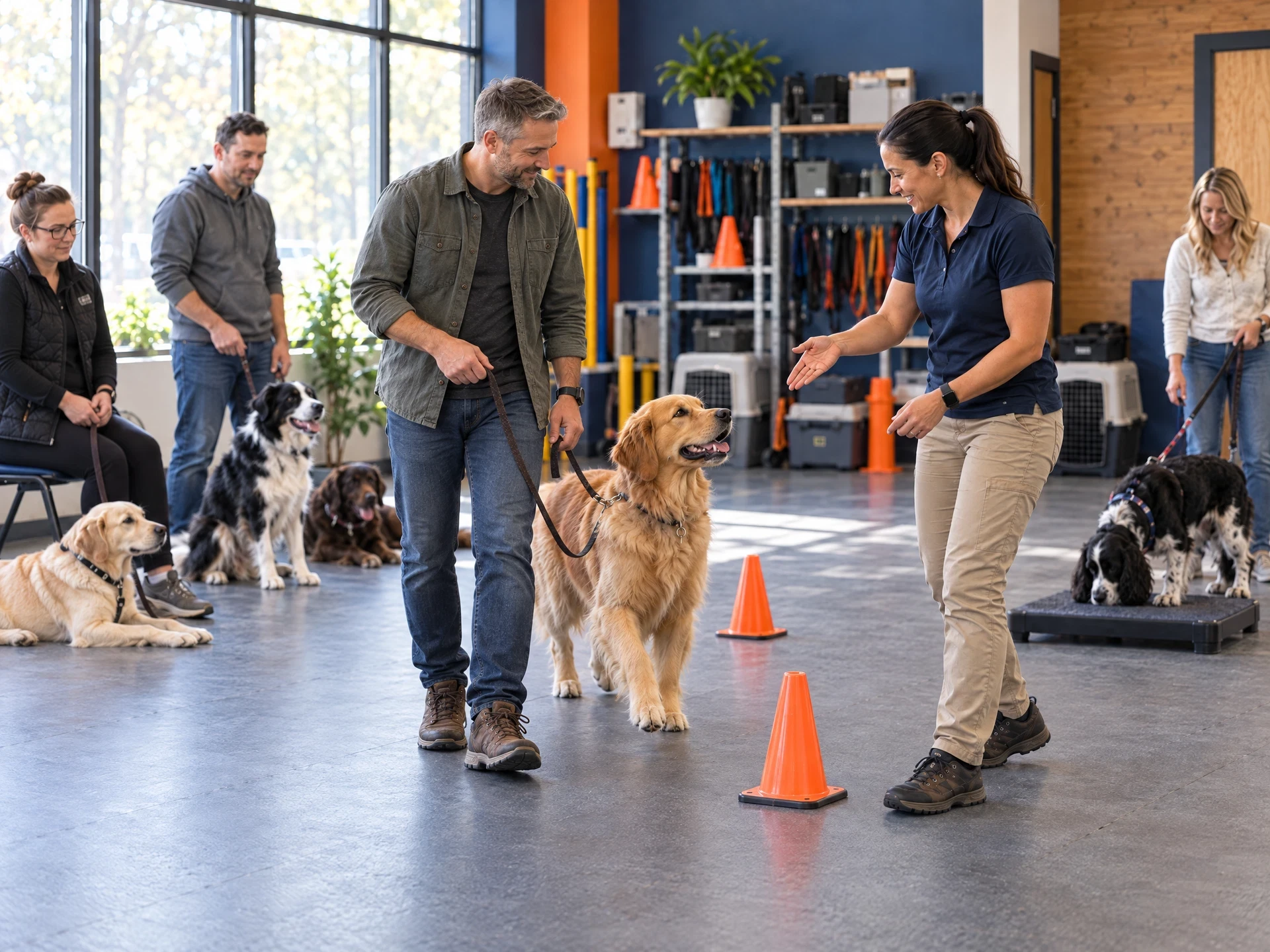 Dog trainer teaching a small local workshop in a training studio